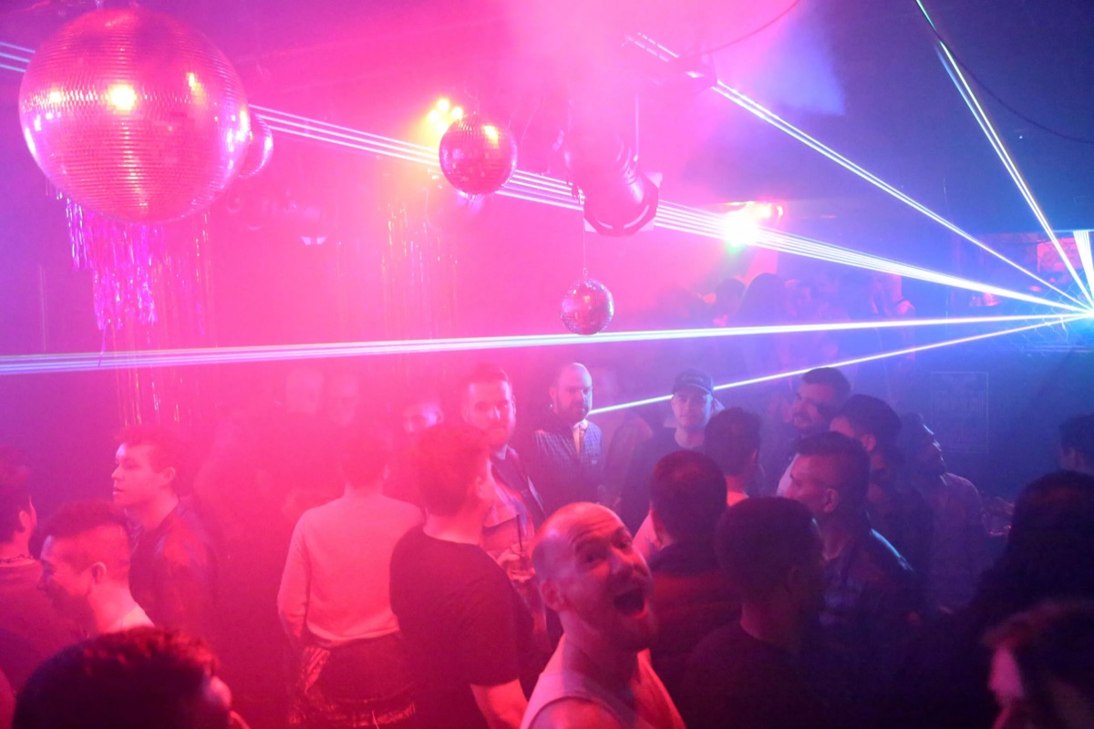 Disco balls and laser light over the SF Eagle dance floor